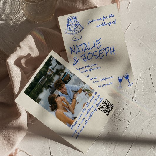 Photo QR Code Hand Drawn Blue Cake Bows Wedding  Kaart
