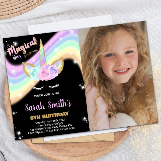 Photo Rainbow Pink Unicorn Invitations d'anniversa