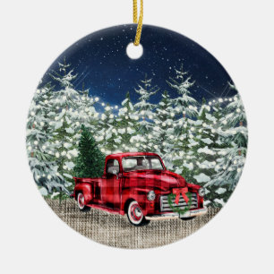PHOTO Red Boerderij Truck Kerstmis Waterverf Keramisch Ornament