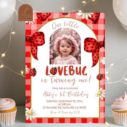 Photo Red Plaid Bow Coquette Lovebug Birthday Kaart