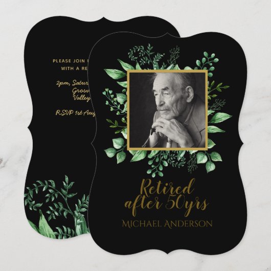 PHOTO Retraite Invitation Black Gold Feuilles (Devant / Derrière)