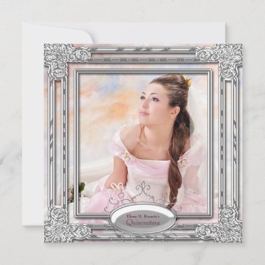 Photo rose argent Quinceanera Invitation (Devant)
