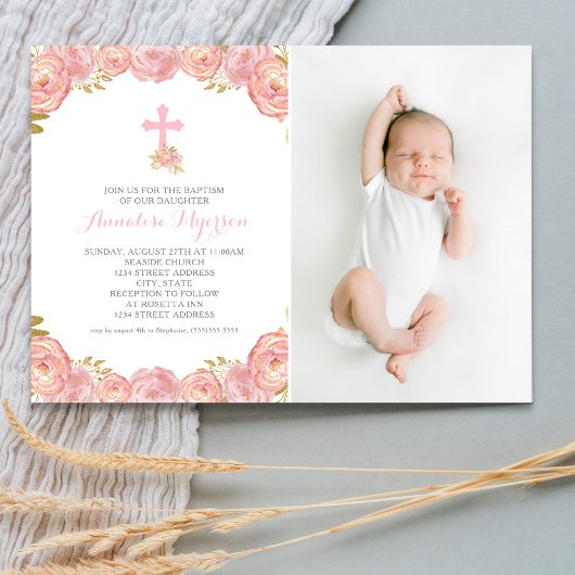 Photo rose florale Baptême Invitation