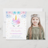 Photo rose Vert Floral Unicorne Invitations (Devant)
