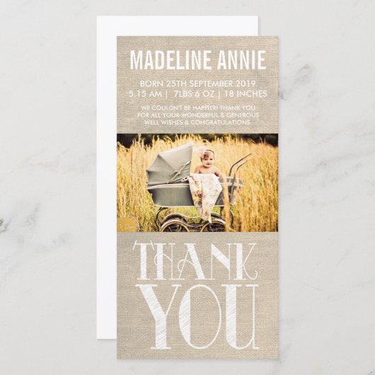 Photo rustique de Merci de naissance de bébé de (Devant / Derrière)
