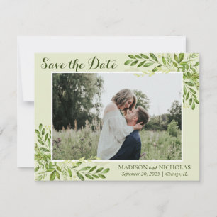 Photo Save the Date Cards with Botanical Green