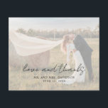 Photo Script rustique Carte de remerciements Maria<br><div class="desc">Carte de remerciements photo mariage à budget moderne avec un design simple avec "amour et merci" dans un style rustique typographie script avec vos noms et date mariage sur votre photo préférée avec une superposition opaque. Cette carte de remerciements élégante à la disposition minimaliste conviendra à tous les styles de...</div>