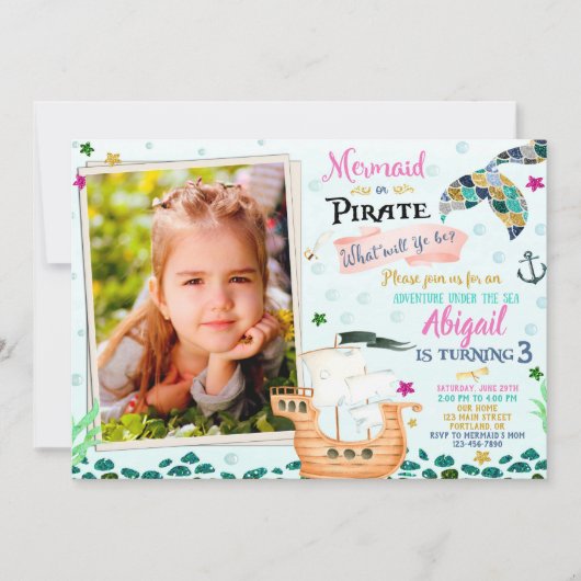 Photo Sirène et Pirate invitation d'anniversaire (Devant)