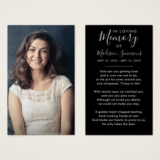 Photo Sympathy Funeral Memorial Black Prayer Carte (Devant & derrière)