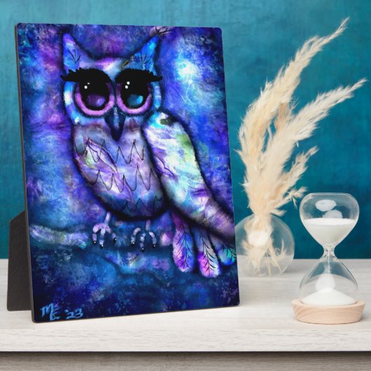 Photo Tabletop Plaque Whimsical Big Eyes Owl Bleu (Côté)