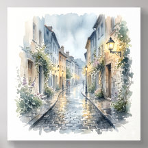 Rue européenne en pavés de galets à jour de pluie