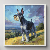 Paysage ensoleillé de campagne avec un Schnauzer,