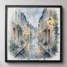 Rue européenne en pavés de galets à jour de pluie