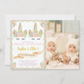 Photo Twin Floral Unicorn Invitations d'anniversai (Devant)