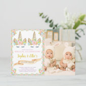 Photo Twin Floral Unicorn Invitations d'anniversai (Debout devant)