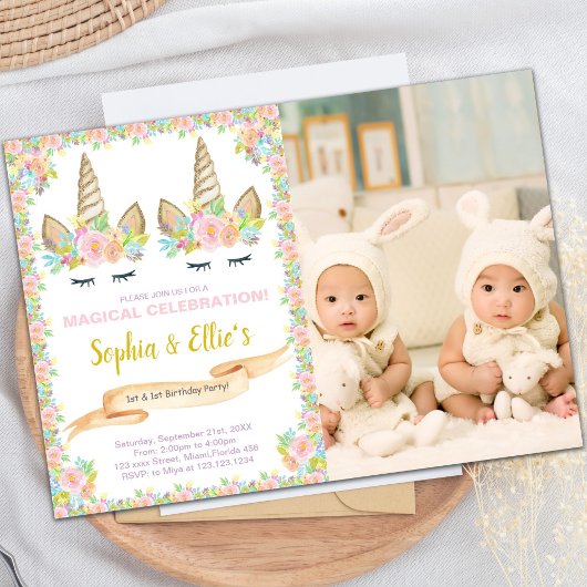 Photo Twin Floral Unicorn Invitations d'anniversai