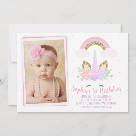 Photo Unicorn et Rainbow Birthday Invitation (Devant)