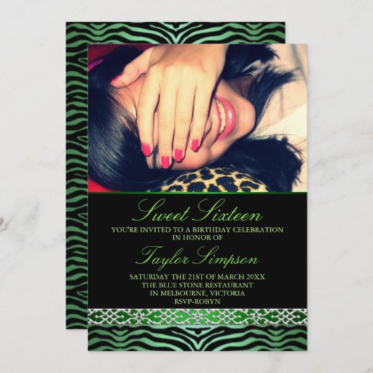 Photo verte Zebra Print Sweet16 invitation d'anniv (Devant / Derrière)
