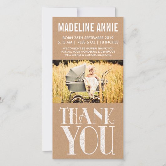Photo vintage rustique de Merci de naissance de (Devant)