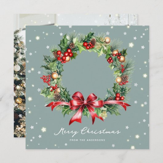 Photo Watercolor Wreath Joyeuse carte de Noël (Devant / Derrière)