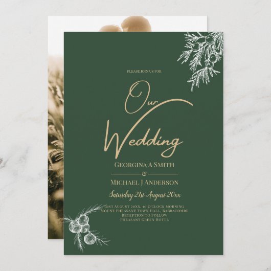PHOTO Wedding Invite Juniper Green Moderne Budget Kaart (Voorkant / Achterkant)