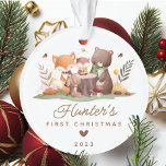 Photo Woodland Le premier Noël du bébé<br><div class="desc">Le premier ornement de Noël de ce mignon bébé comprend des animaux de la forêt, dont un renard, un lapin lapin, une chouette et un ours. L'ornement peut être facilement personnalisé avec le nom, la date et la photo du bébé. Le design est simple et fantaisiste, avec des animaux de...</div>