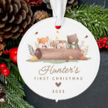 Photo Woodland Le premier Noël du bébé<br><div class="desc">Le premier ornement de Noël de ce mignon bébé comprend des animaux de la forêt, dont un renard, un lapin lapin, une chouette et un ours. L'ornement peut être facilement personnalisé avec le nom, la date et la photo du bébé. Le design est simple et fantaisiste, avec des animaux de...</div>