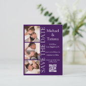 PhotoBooth Modern Script 3 foto's QR-code paarse Save The Date (Staand voorkant)