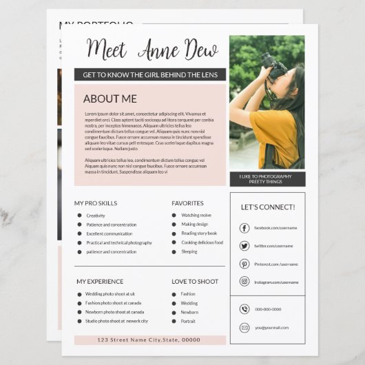 Photographe À propos de moi Modèle de page (Devant / Derrière)