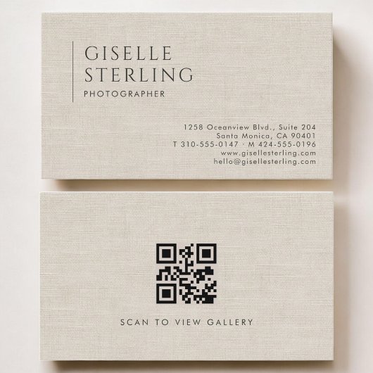 Photographer Luxury Neutral Linen QR Code Visitekaartje