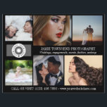 Photographie noire Logo Photographe professionnel<br><div class="desc">Flyer marketing noir pour un photographe professionnel personnalisé avec vos photos, logos, coordonnées, texte personnalisé et code QR. Flyer photographe professionnel pour promouvoir votre entreprise personnalisée avec six photos sur le côté avec votre logo, nom d'entreprise, slogan et coordonnées. Au verso, ajoutez votre logo, votre code QR et les médias...</div>