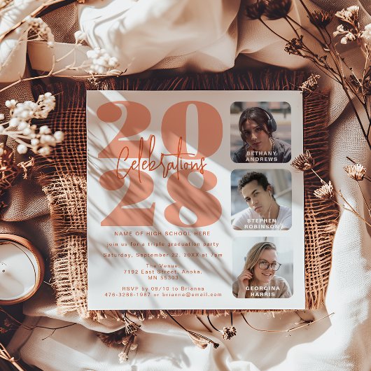 Photos Peach Triple Graduation Invitation