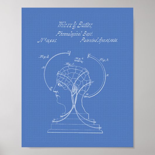 Phrenological Bust 1856 Patent Art Blueprint Poster (Voorkant)