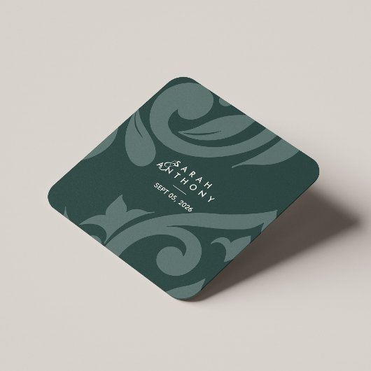 Phthalo Green Classic Script Damask Wedding Vierkante Kartonnen Onderzetter