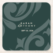 Phthalo Green Classic Script Damask Wedding Vierkante Kartonnen Onderzetter (Voorkant)