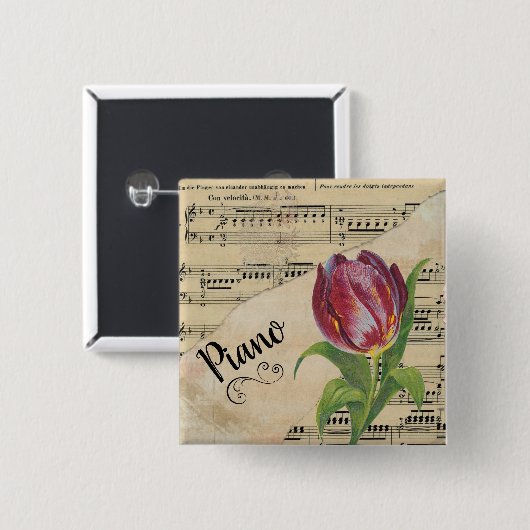Piano Elegant Tulip vel Music Vierkante Button 5,1 Cm (Voorkant /achterkant)