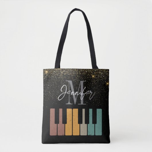 Piano Glitter Goud Monogram Naam Gepersonaliseerd Draagtas (Voorkant)