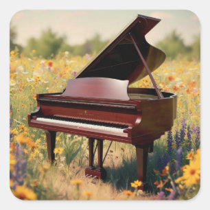 Piano in een bloemenveld vierkante sticker