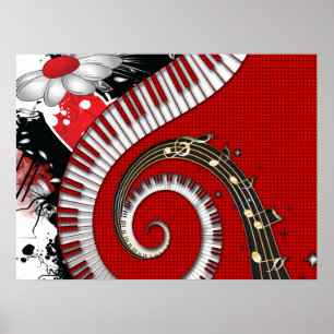 Piano Keys Muzieknoten Grunge Floral Swirls Poster