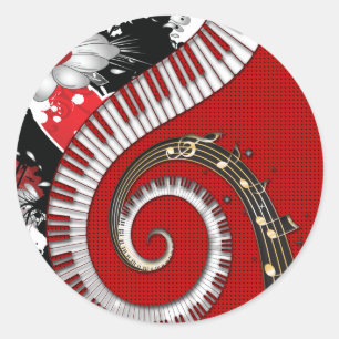 Piano Keys Muzieknoten Grunge Floral Swirls Ronde Sticker