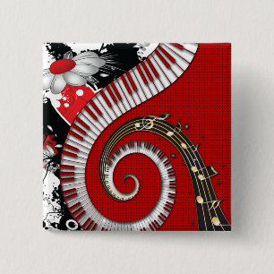 Piano Keys Muzieknoten Grunge Floral Swirls Vierkante Button 5,1 Cm