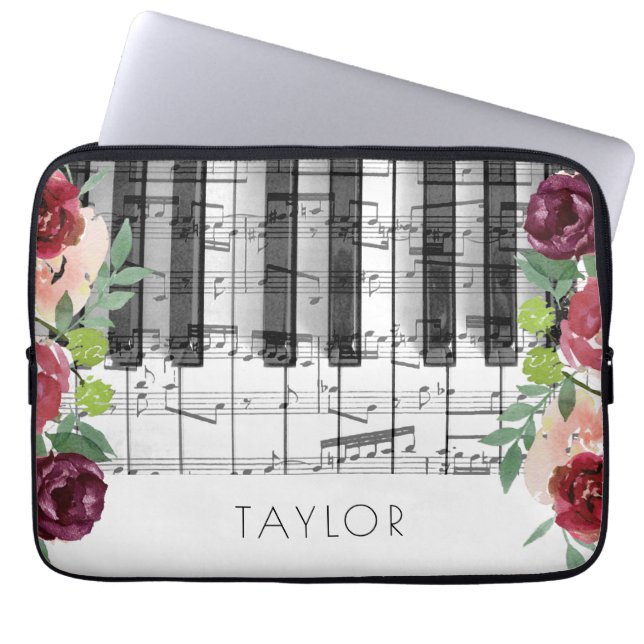 Piano marsala bloemen laptop sleeve (Voorkant)