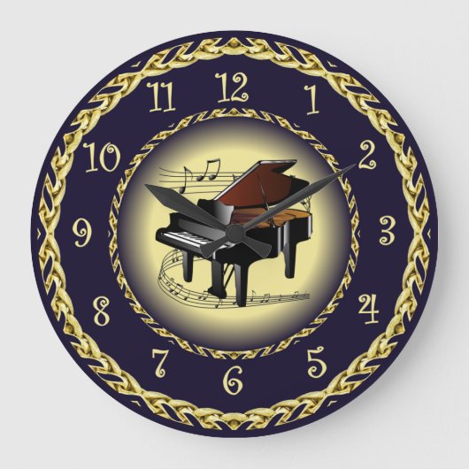 Piano Musical Scroll ~ Gold en Navy Blue ~ Grote Klok (Voorkant)