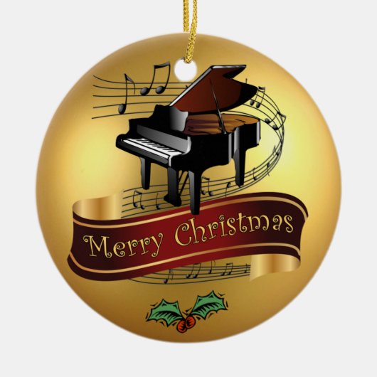 Piano ~ Musical Scroll ~ Gold ~"Merry Kerstmis"~ Keramisch Ornament (Voorkant)