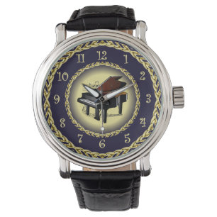 Piano ~ Musical Scroll ~ Gold/Navy Blue ~ ~ Horloge