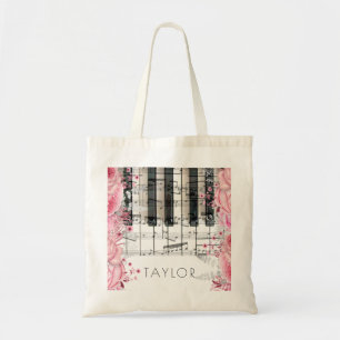 piano pink flowers name tote bag