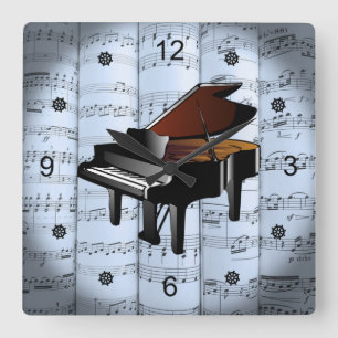 Piano ~ Rollend vel Music ~ Blue Tint Background Vierkante Klok