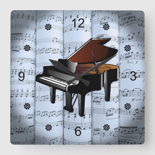 Piano ~ Rollend vel Music ~ Blue Tint Background Vierkante Klok (Voorkant)