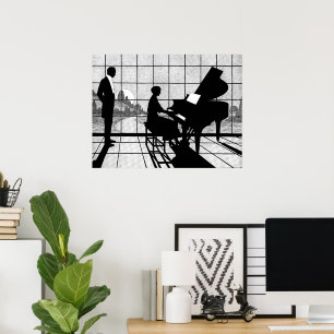Piano Silhouette Art Deco Stijl Zwart en Wit Poster