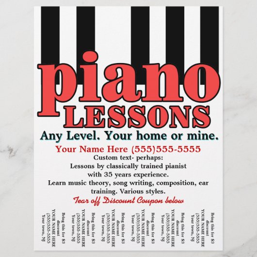 Pianoles. Tiller. Muziekleraar. Scheurblad Flyer (Voorkant)